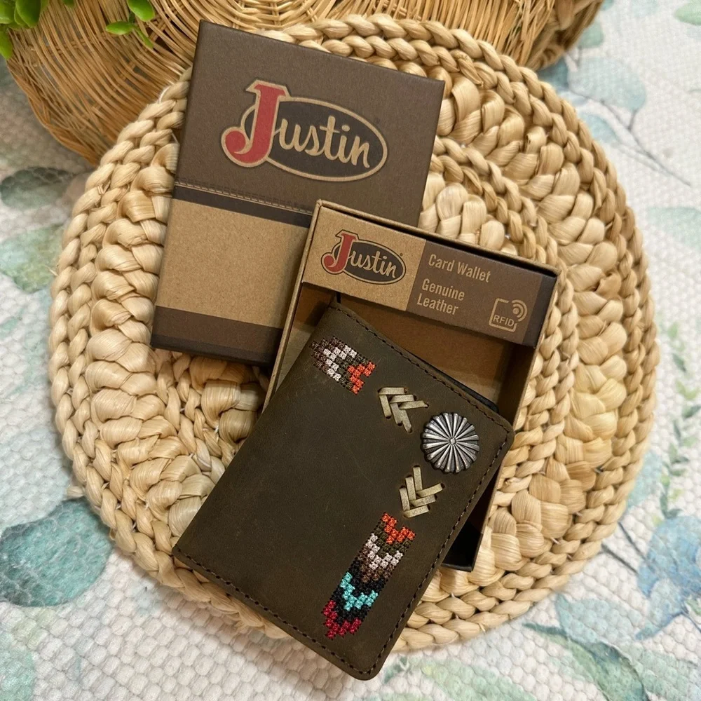 New Justin Boots Genuine Leather Card Wallet Tribal Western Colorful Embroidery